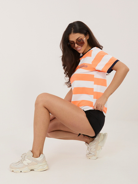 Fluo pomarańczowo-granatowy t-shirt w paski