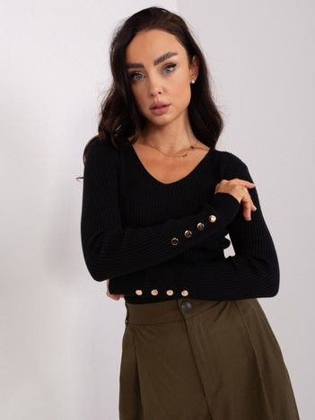 Czarny sweter klasyczny w prążek z dekoltem w serek