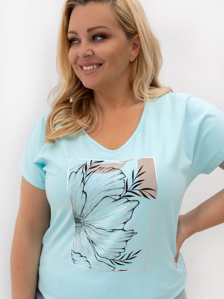 Miętowy damski t-shirt plus size z dekoltem V