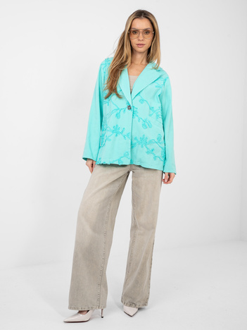 Turkusowa jeansowa marynarka z aplikacją 3D  RUE PARIS
