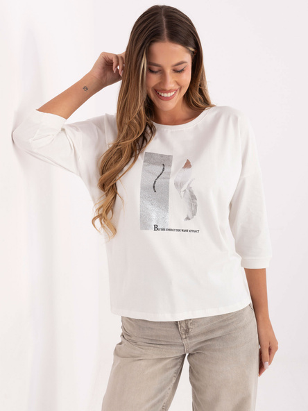 Ecru damska bluzka z metalizowanym nadrukiem