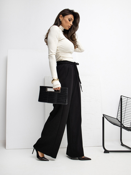 Czarne szerokie spodnie basic z wiązaniem RUE PARIS