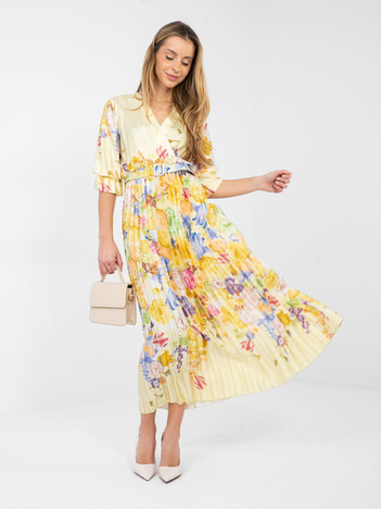 Jasnożółta maxi sukienka z plasowanym dołem