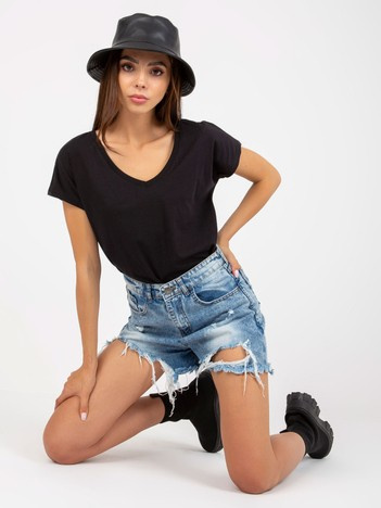 Czarny damski t-shirt basic z dekoltem w serek