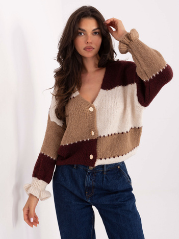 Ecru-bordowy rozpinany sweter oversize RUE PARIS