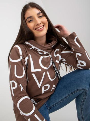 Brązowa damska bluza plus size z nadrukiem i kapturem