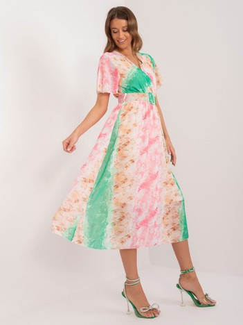 Zielono-różowa sukienka z printem i dekoltem V
