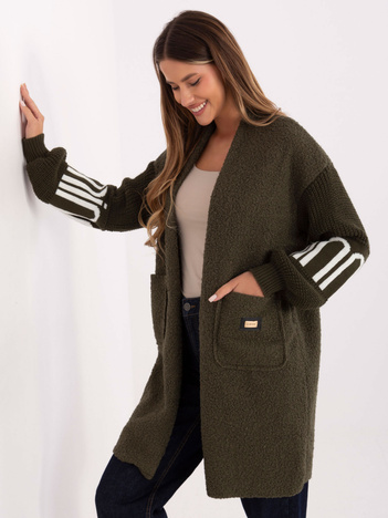 Khaki kardigan boucle z bufiastymi rękawami