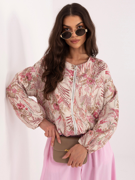 Różowa przejściowa kurtka z roślinnym nadrukiem
