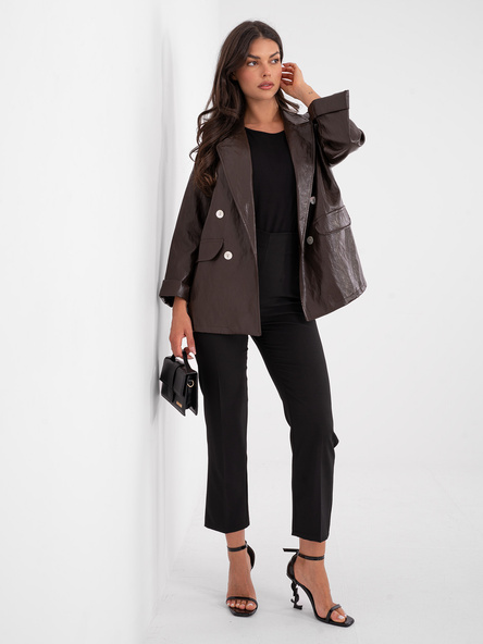 Czekoladowa skórzana marynarka z rękawem 3/4 RUE PARIS