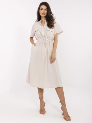 Beżowa midi sukienka ze ściągaczem w pasie