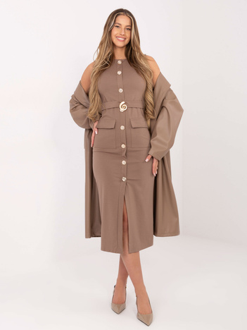 Ciemnobeżowa midi sukienka z ozdobnymi guzikami