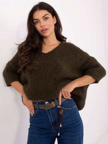 Khaki damski sweter oversize z rękawem 3/4