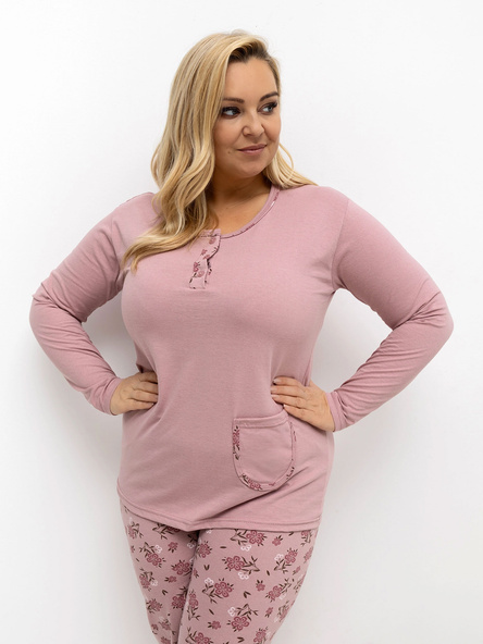 Jasnoróżowa piżama plus size ze spodniami w kwiaty