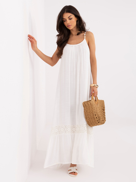 Ecru trapezowa sukienka z ażurową wstawką