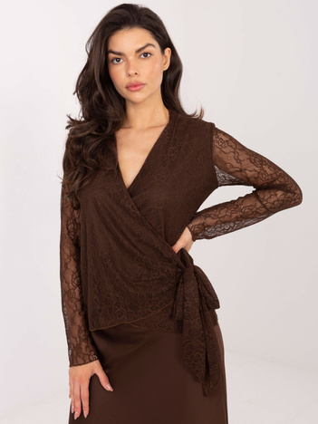 Czekoladowa koronkowa bluzka z kołnierzykiem