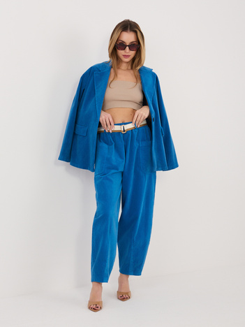 Kobaltowe sztruksowe spodnie ze zwężaną nogawką RUE PARIS