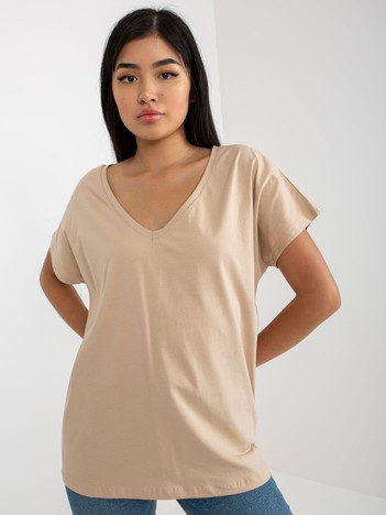 Beżowy luźny t-shirt basic z dekoltem V Emory