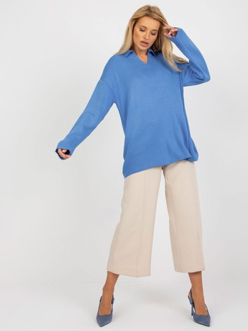 Niebieski damski sweter oversize z kołnierzykiem RUE PARIS