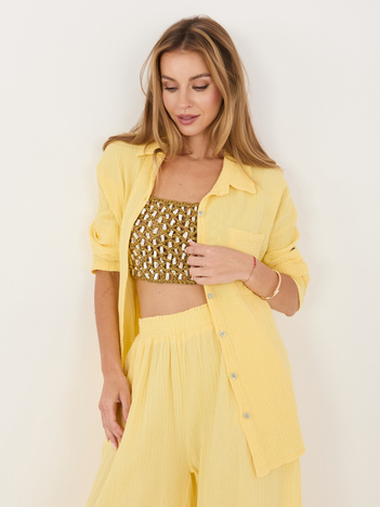 Jasnożółta bawełniana koszula damska muślinowa z kieszenią na co dzień