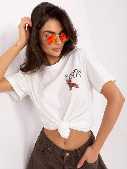 Ecru damski t-shirt z małym nadrukiem