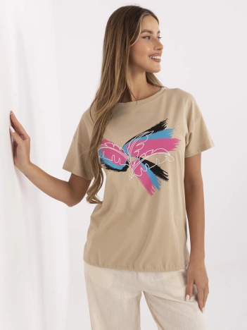 Camelowy damski t-shirt ze ściągaczem na dole
