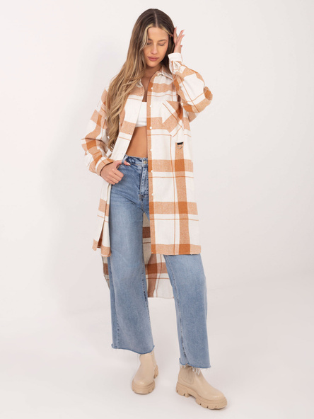 Camelowa długa koszula damska w kratę z kołnierzykiem Tiannah