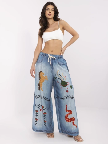 Niebieskie damskie spodnie palazzo z nadrukiem