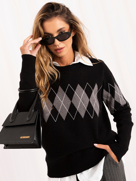Czarny damski sweter oversize w romby