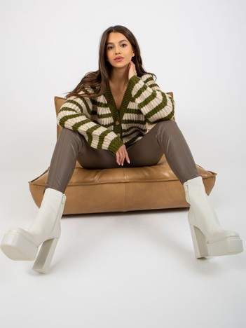 Khaki-beżowy damski sweter rozpinany w paski