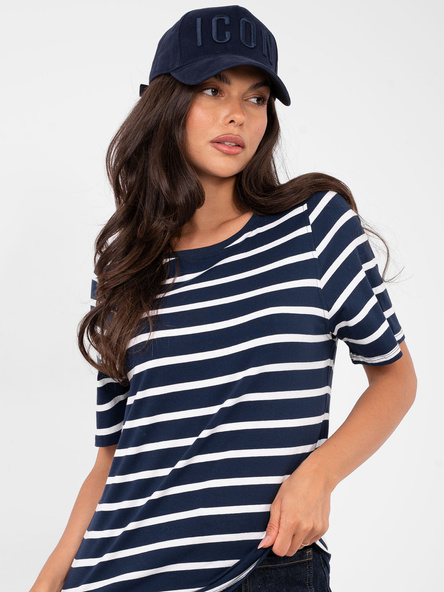 Granatowo-biały damski t-shirt basic z bawełny RUE PARIS