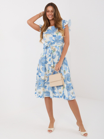 Niebieska rozkloszowana sukienka z wiązanym paskiem