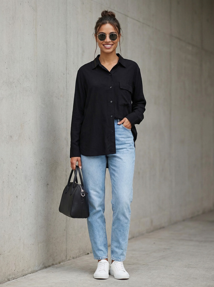 Czarna elegancka koszula damska oversize z kieszenią