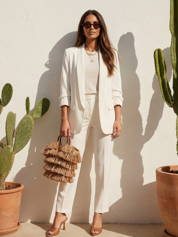 Ecru elegancki komplet z marszczonymi rękawami RUE PARIS