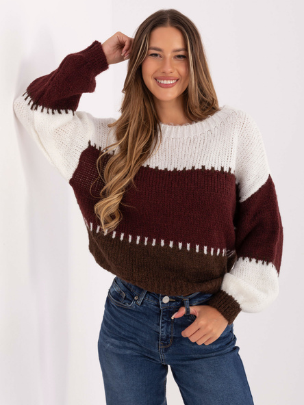 Ecru-bordowy sweter oversize w paski RUE PARIS