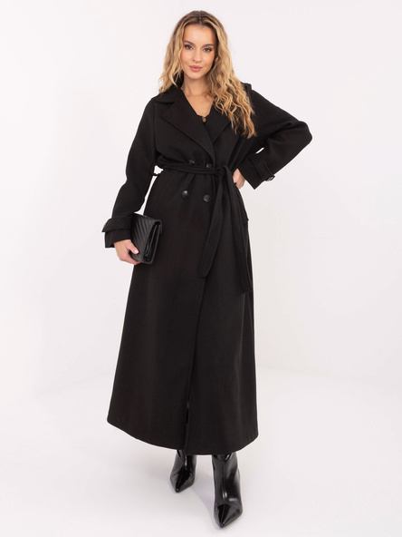 Czarny długi płaszcz z wiązanym paskiem