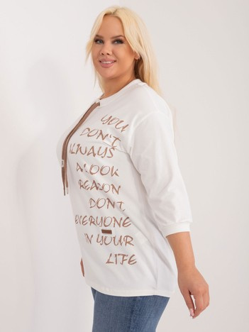 Ecru-brązowa bawełniana bluzka plus size z rękawem 3/4