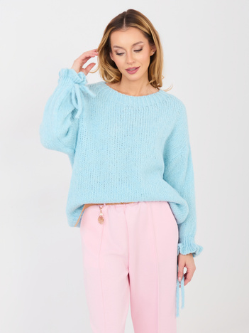 Pastelowy niebieski sweter z wiązaniami przy rękawach