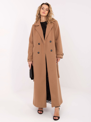 Camelowy długi płaszcz z paskami na rękawach
