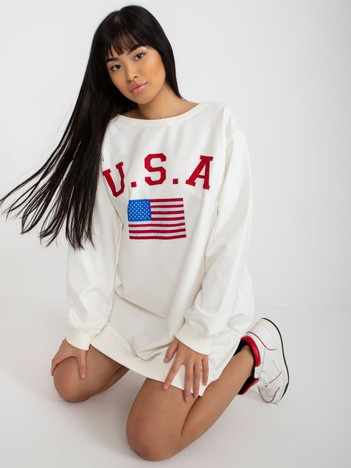 Ecru długa bluza z nadrukiem i aplikacją z dżetów