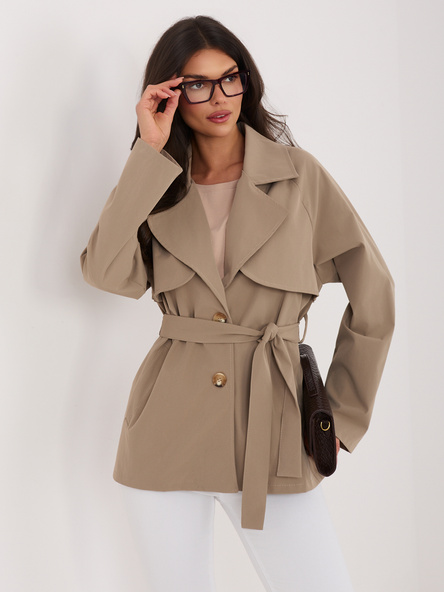 Ciemnobeżowy krótki płaszcz o kroju trencza RUE PARIS