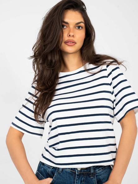 Biało-granatowy damski t-shirt basic z bawełny RUE PARIS