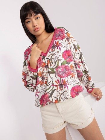 Ecru welurowa bluzka z nadrukiem i dekoltem V RUE PARIS