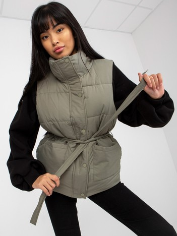 Khaki puchowa kamizelka z wiązaniem i kieszeniami