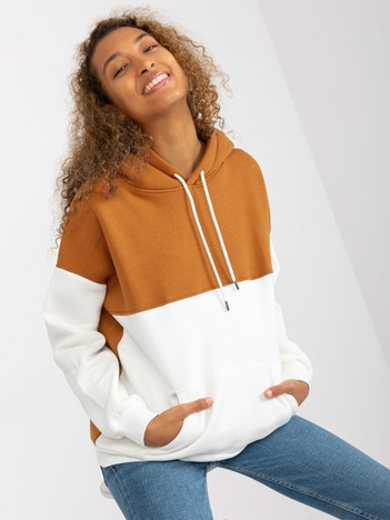 Jasnobrązowo-ecru dresowa bluza basic z kapturem RUE PARIS