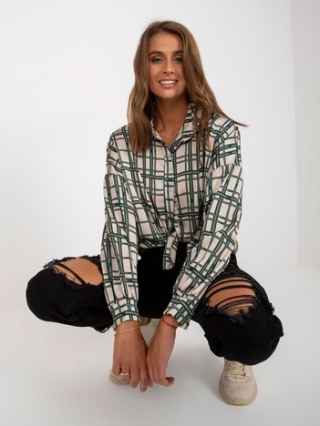 Beżowa koszula w kratę z imitacji satyny