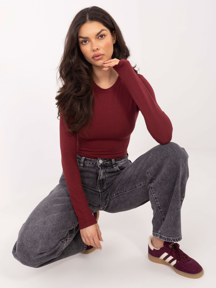 Bordowa dopasowana bluzka basic z bawełny