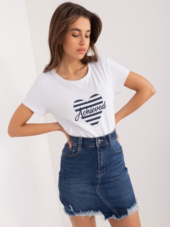 Biało-granatowy t-shirt damski z napisem BASIC FEEL GOOD