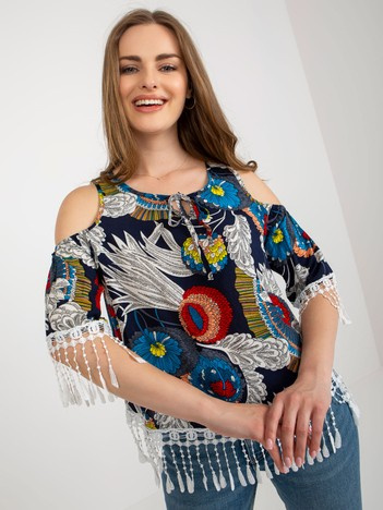 Granatowa letnia bluzka z nadrukiem i koronką