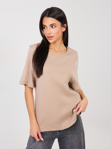 Ciemnobeżowy damski t-shirt basic z bawełny RUE PARIS